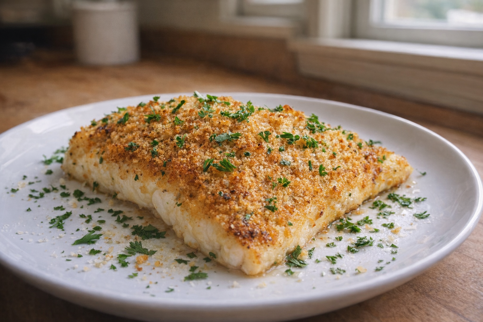 A perfectly baked haddock fillet on a white plate, golden brown breadcrumb topping, fresh parsley garnish, soft natural light